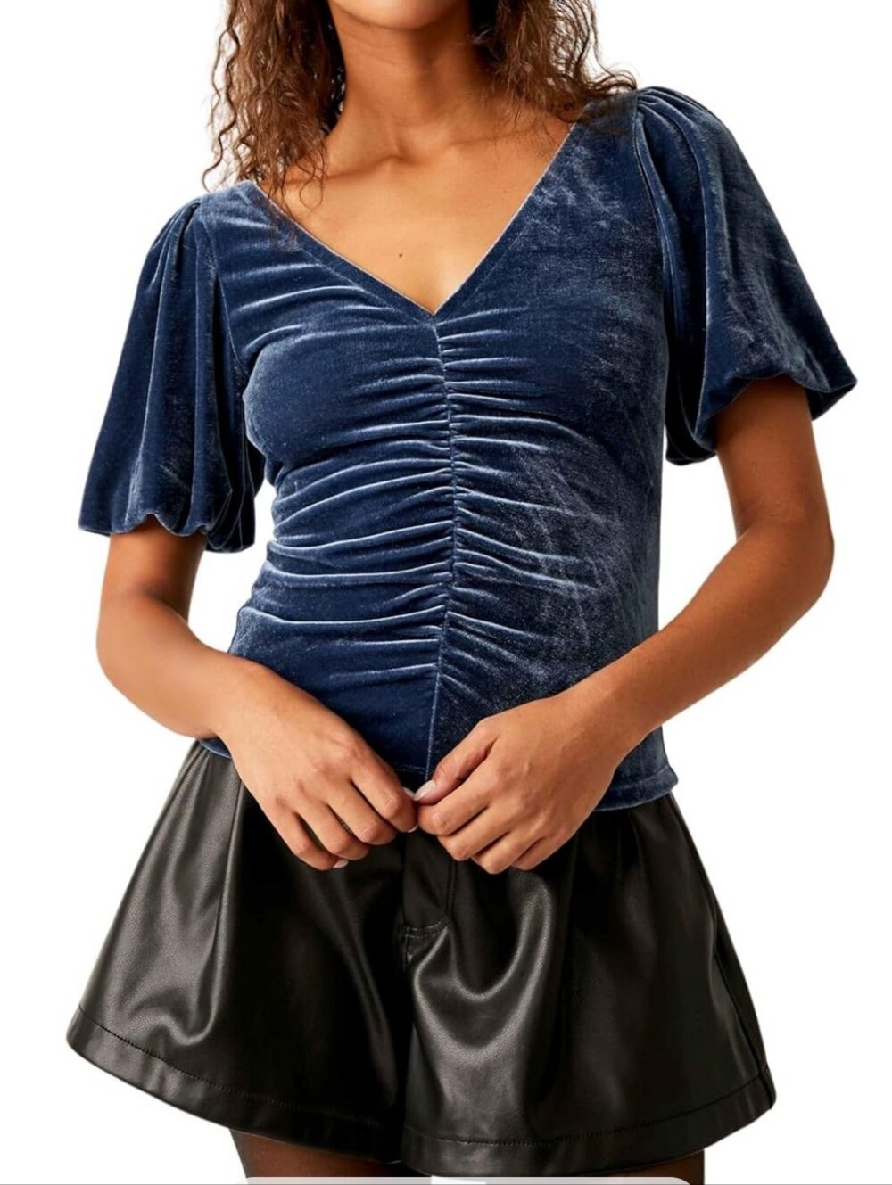 Free People Cupcake Velvet Ruched V-Neck Top Large Victorian